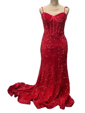 Red Sequin Corset Evening Gown - Women Dresses